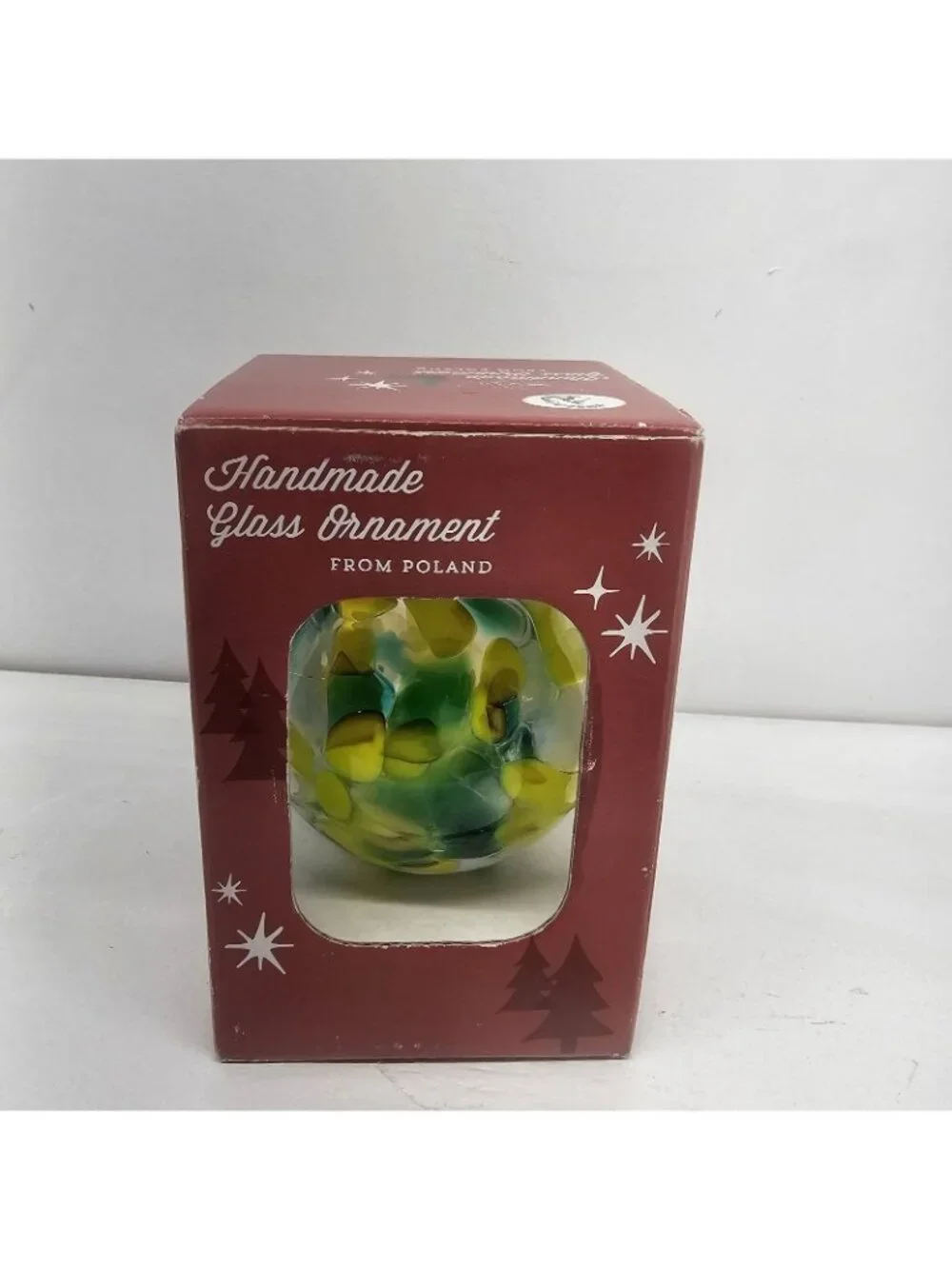 Huta Szkla Zorza Handmade Glass Christmas Ornament Poland Green Yellow White